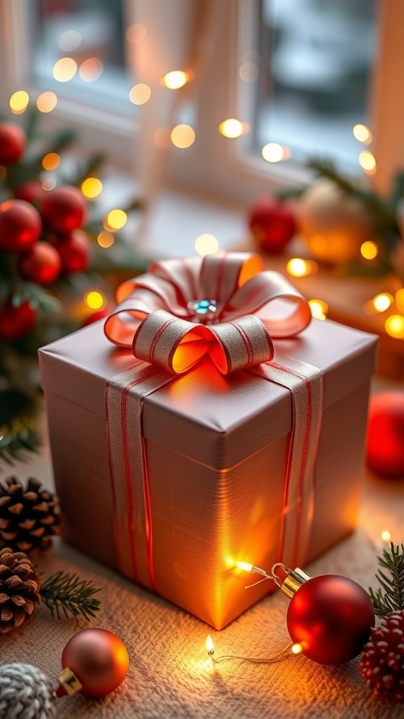 A festive Christmas gift box with decorations, symbolizing thoughtful gifting.